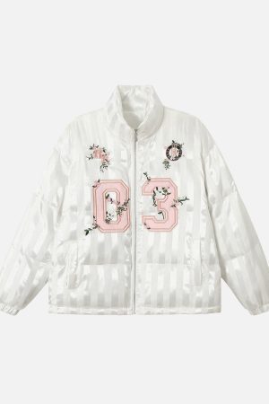 Concert Outfit Floral Letter Embroidered Stand Collar Cotton Coat