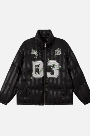 Concert Outfit Floral Letter Embroidered Stand Collar Cotton Coat