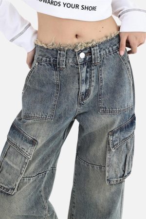 Concert Outfit Fringe Washed Multi Pocket Jeans