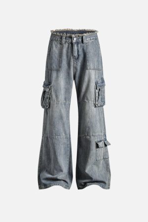 Concert Outfit Fringe Washed Multi Pocket Jeans