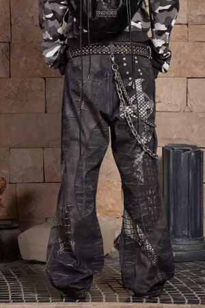 Concert Outfit Full Cross Stitching Leather Flare Jeans