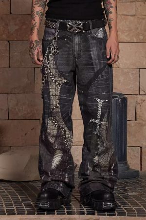 Concert Outfit Full Cross Stitching Leather Flare Jeans