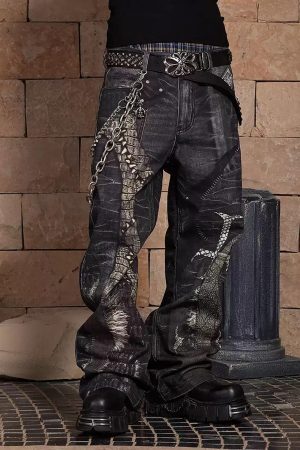 Concert Outfit Full Cross Stitching Leather Flare Jeans