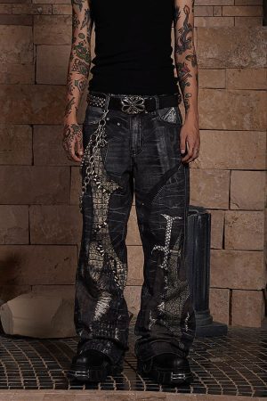 Concert Outfit Full Cross Stitching Leather Flare Jeans