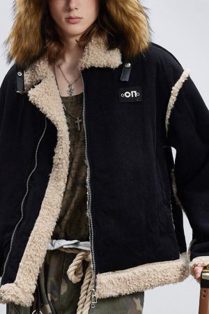 Concert Outfit Fur Collar Zip Up Sherpa-Lined Jacket