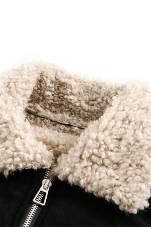 Concert Outfit Fur Collar Zip Up Sherpa-Lined Jacket