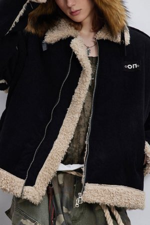 Concert Outfit Fur Collar Zip Up Sherpa-Lined Jacket