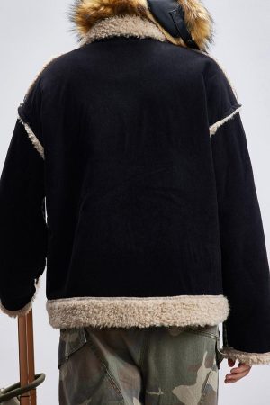 Concert Outfit Fur Collar Zip Up Sherpa-Lined Jacket