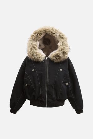 Concert Outfit Fur Lined Zip Up Hooded Bomber Jacket