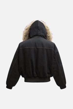 Concert Outfit Fur Lined Zip Up Hooded Bomber Jacket