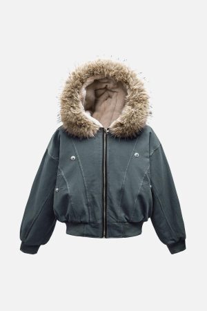 Concert Outfit Fur Lined Zip Up Hooded Bomber Jacket
