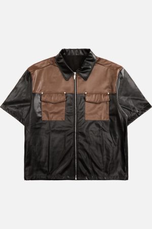 Concert Outfit Gangster Rap Patchwork Contrast Leather Shirt