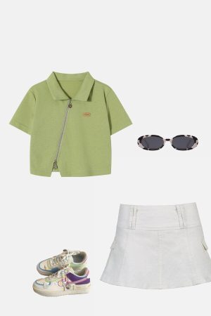 Concert Outfit Geometric Zip Up Crop Tee