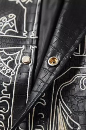 Concert Outfit Gothic Cross Embroidery Crocodile Leather Bomber Jacket
