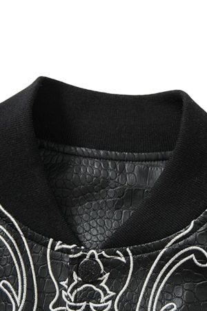 Concert Outfit Gothic Cross Embroidery Crocodile Leather Bomber Jacket