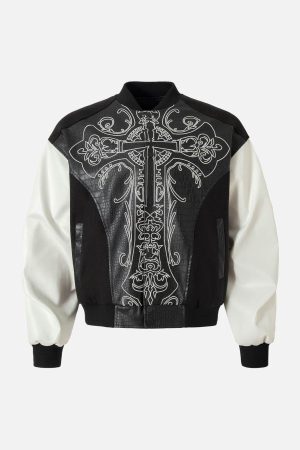 Concert Outfit Gothic Cross Embroidery Crocodile Leather Bomber Jacket