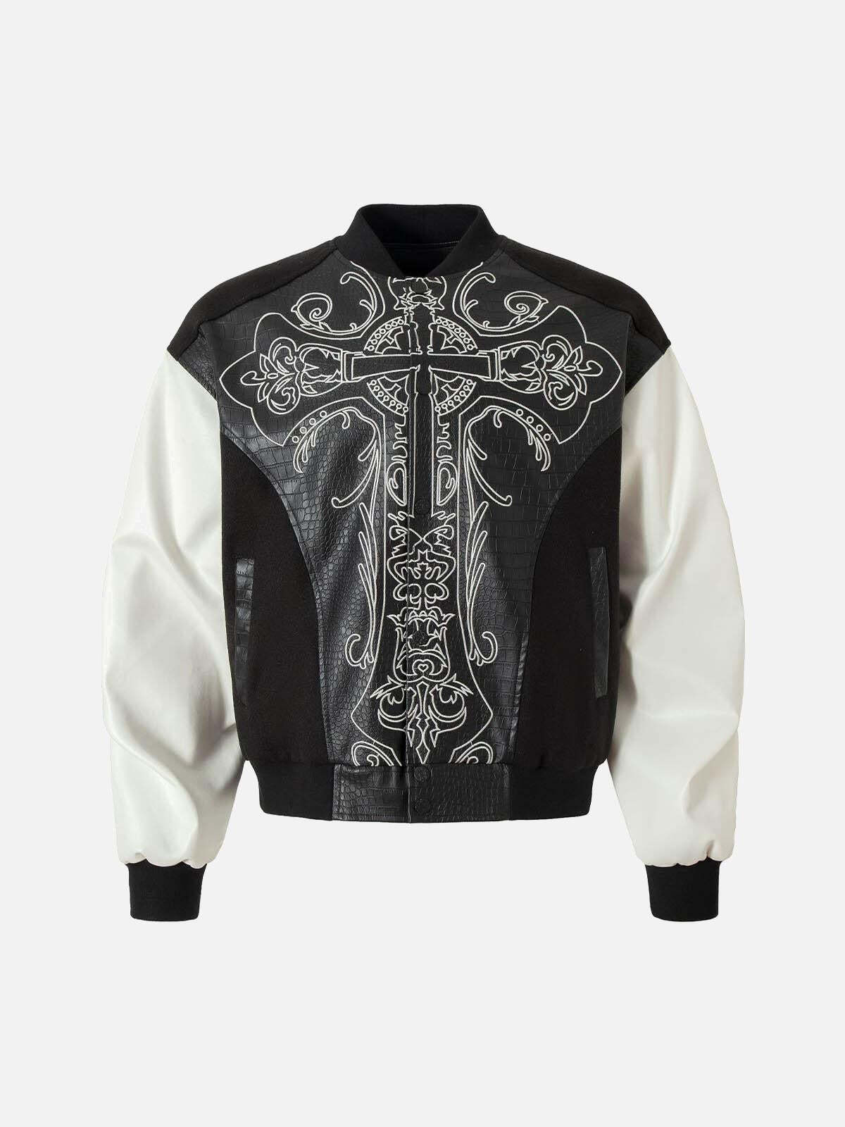 Concert Outfit Gothic Cross Embroidery Crocodile Leather Bomber Jacket Concert Outfit Gothic Cross Embroidery Crocodile Leather Bomber Jacket