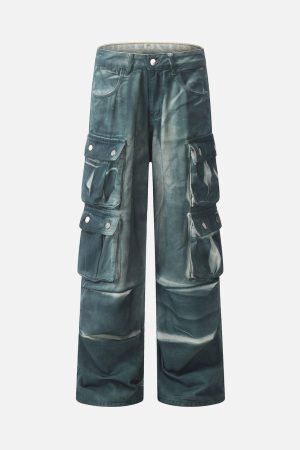 Concert Outfit Gradient Dip Dye Wash Multi-Pocket Cargo Jeans