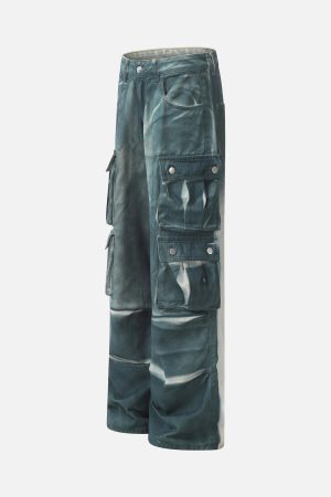 Concert Outfit Gradient Dip Dye Wash Multi-Pocket Cargo Jeans
