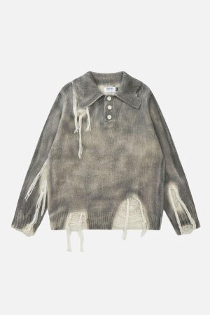 Concert Outfit Gradient Distressed Polo Sweater