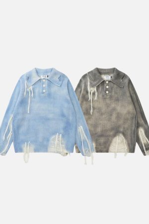 Concert Outfit Gradient Distressed Polo Sweater