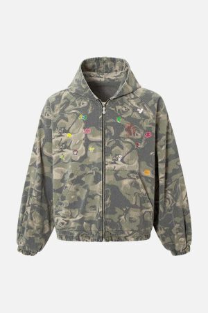 Concert Outfit Graffiti Camouflage Patchwork Hooded Jacket