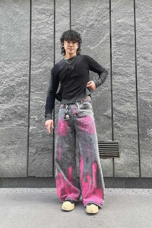 Concert Outfit Graffiti Distressed Washed Baggy Jeans