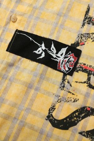 Concert Outfit Graffiti Letter Print Long Sleeve Plaid Polo Shirt