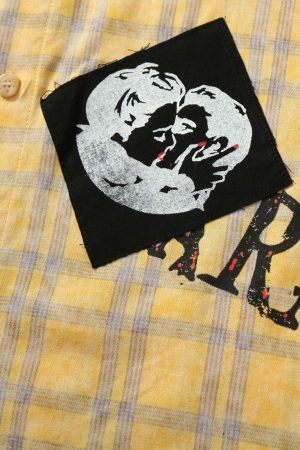 Concert Outfit Graffiti Letter Print Long Sleeve Plaid Polo Shirt