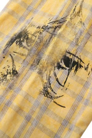 Concert Outfit Graffiti Letter Print Long Sleeve Plaid Polo Shirt