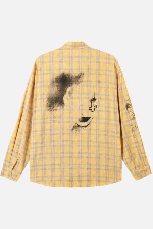 Concert Outfit Graffiti Letter Print Long Sleeve Plaid Polo Shirt