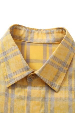 Concert Outfit Graffiti Letter Print Long Sleeve Plaid Polo Shirt