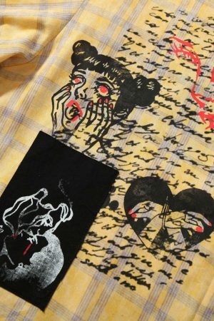 Concert Outfit Graffiti Letter Print Long Sleeve Plaid Polo Shirt