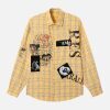 Concert Outfit Graffiti Letter Print Long Sleeve Plaid Polo Shirt
