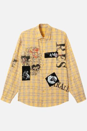 Concert Outfit Graffiti Letter Print Long Sleeve Plaid Polo Shirt