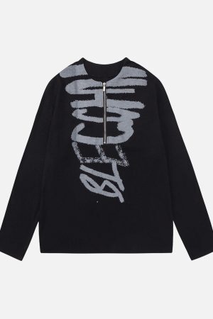 Concert Outfit Half Zip Crew Neck Printed Knitted Sweater