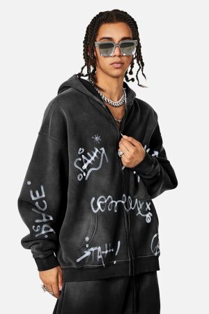 Concert Outfit Hand-Drawn Graffiti Washed Thick Hoodie