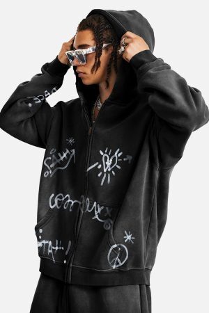 Concert Outfit Hand-Drawn Graffiti Washed Thick Hoodie