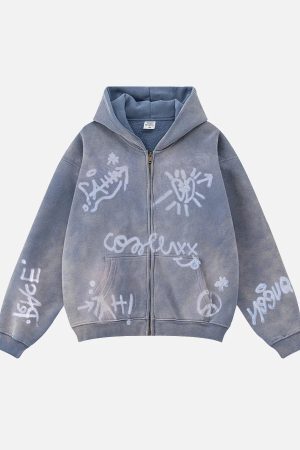 Concert Outfit Hand-Drawn Graffiti Washed Thick Hoodie