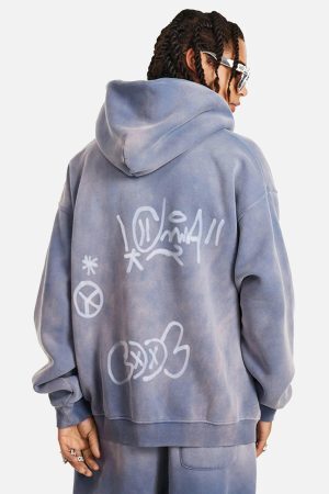 Concert Outfit Hand-Drawn Graffiti Washed Thick Hoodie