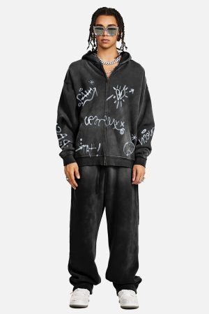 Concert Outfit Hand-Drawn Graffiti Washed Thick Hoodie