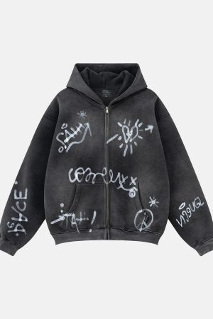Concert Outfit Hand-Drawn Graffiti Washed Thick Hoodie