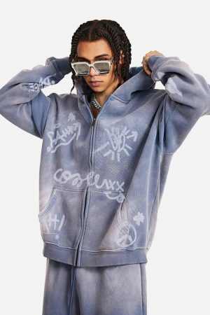 Concert Outfit Hand-Drawn Graffiti Washed Thick Hoodie