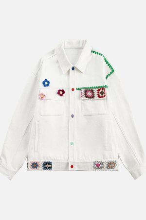 Concert Outfit Handmade Floral Crochet Utility Denim Jacket