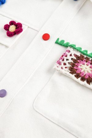 Concert Outfit Handmade Floral Crochet Utility Denim Jacket