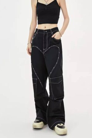 Concert Outfit Heart Rivet Multi-Pocket Jeans