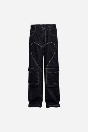 Concert Outfit Heart Rivet Multi-Pocket Jeans