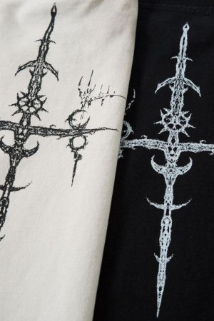 Concert Outfit Heavy Cotton Washed Cross Shield Print T-Shirt