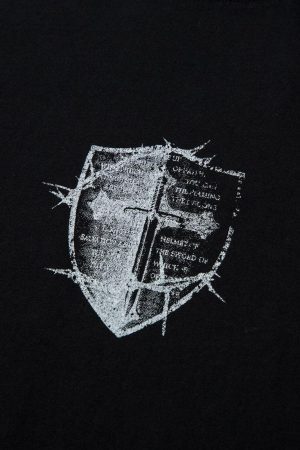 Concert Outfit Heavy Cotton Washed Cross Shield Print T-Shirt