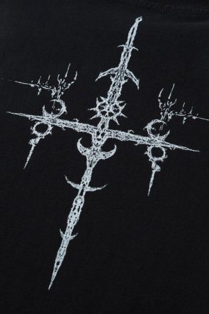 Concert Outfit Heavy Cotton Washed Cross Shield Print T-Shirt